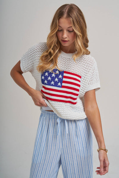 AMERICAN FLAG 4TH OF JULY LOW GAUGE SWEATER TOP: OFF WHITE / S-M-L(2-2-2) - Lulu Bella Boutique