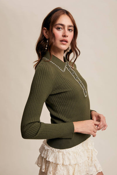 Contrast Stitch Ribbed Knit Top : Dark Olive