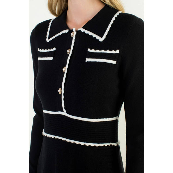Long Sleeve Collared Knit Dress: BLACK