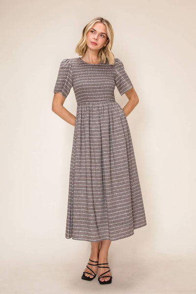 Striped Smocked Midi Dress: Shadow Grey / S - Lulu Bella Boutique