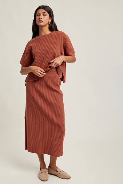 RIBBED KNIT SWEATER TOP AND SKIRT SET