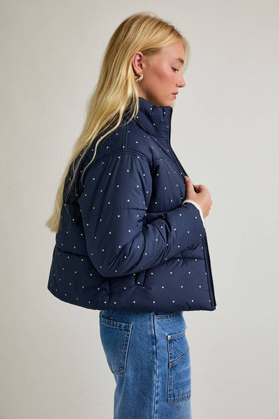 FLORAL DOT PRINTED PUFFER JACKET: NAVY-BUTTER DOT