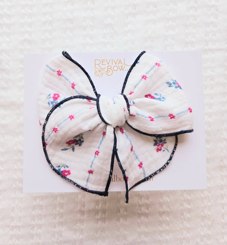 Fable Bow on Clip  • Floral Gauze/Navy Edge - Lulu Bella Boutique