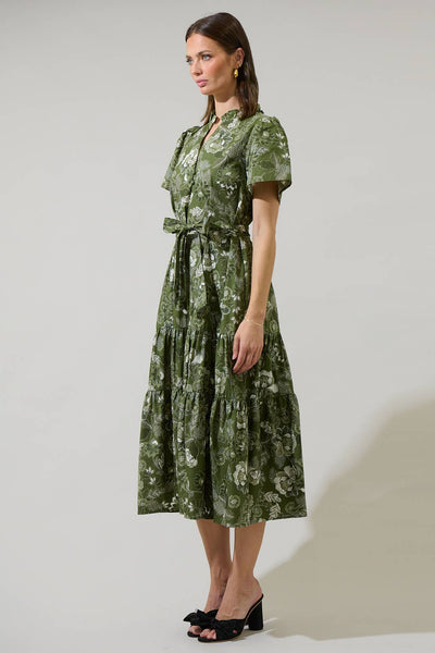 Hazleton Floral Britt Poplin Tiered Midi Dress: CREAM-OLIVE / M - Lulu Bella Boutique