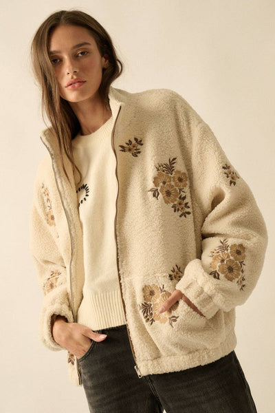 Floral-Embroidered Sherpa Fleece Zip-Up Jacket: Cream