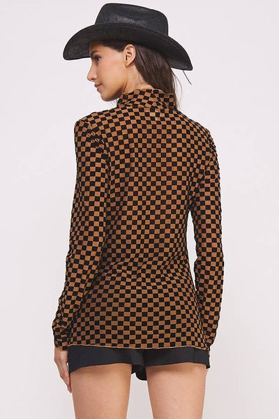 LONG SLEEVE CHECKERED MESH MOCK NECK TOP: MOCHA/BLACK / S - Lulu Bella Boutique
