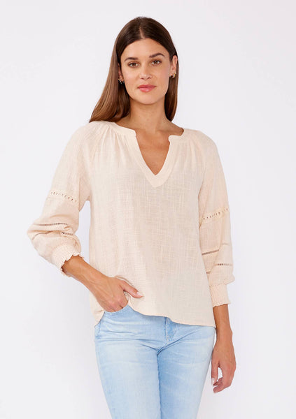 Smocked 3/4 Sleeve Lace Trim Blouse: Natural / S