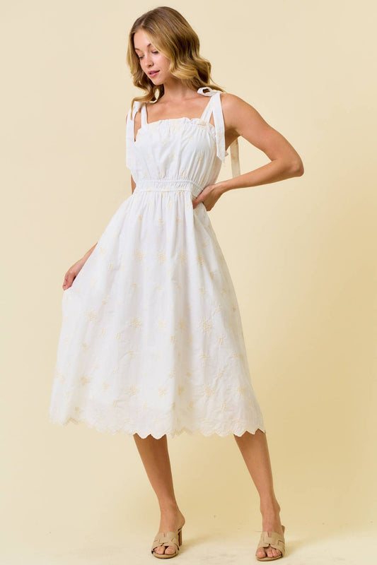 EMBROIDERED SCALLOP EYELET TIE SHOULDER MIDI DRESS - 28286D: IVORY/NATURAL / S - Lulu Bella Boutique