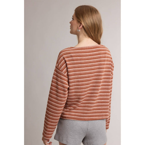 GRADIENT STRIPE RIB KNIT LONG SLEEVE TOP: RUST MULTI