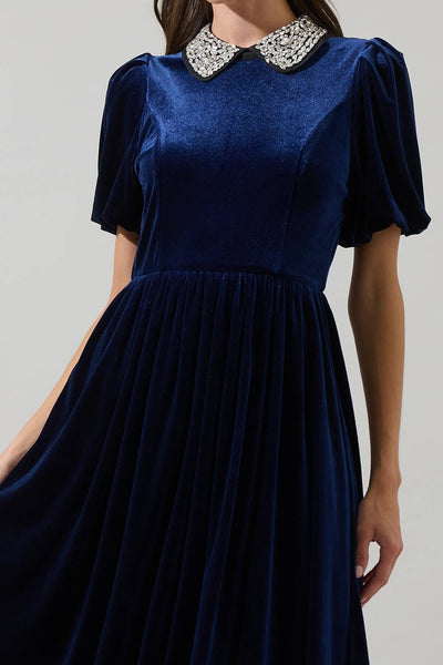 Francie Rhinestone Velvet Midi Dress: Navy