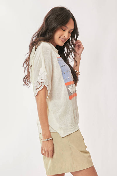 AMERICAN FLAG LOOSE FIT LACE SLEEVE HOODIE TOP: IVORY WHITE / L - Lulu Bella Boutique