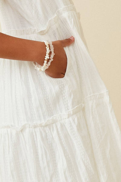 Girls Textured Square Neck Ruffle Tiered Dress: Off White / S - Lulu Bella Boutique