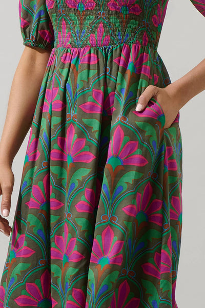 Evanna Floral Bermy Smocked Maxi Dress: KELLY-GREEN-PINK