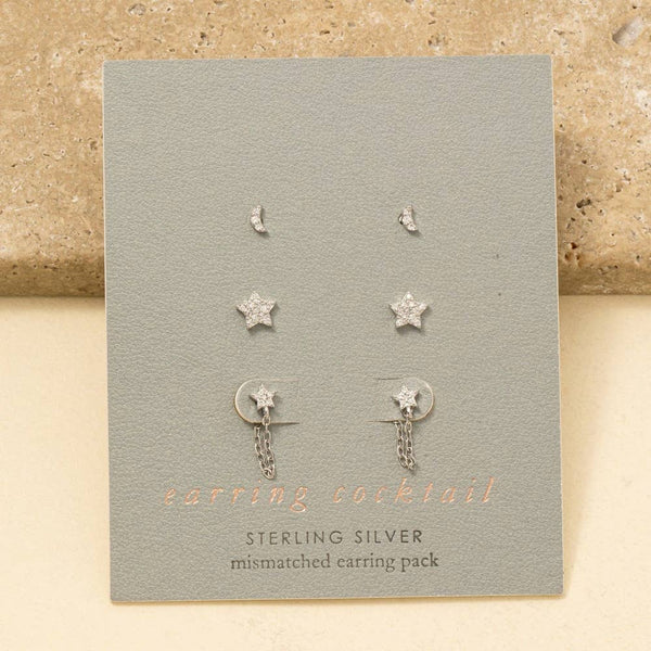 Sterling Silver Cz Stars And Moon Stud Earrings Set: RZ - Lulu Bella Boutique