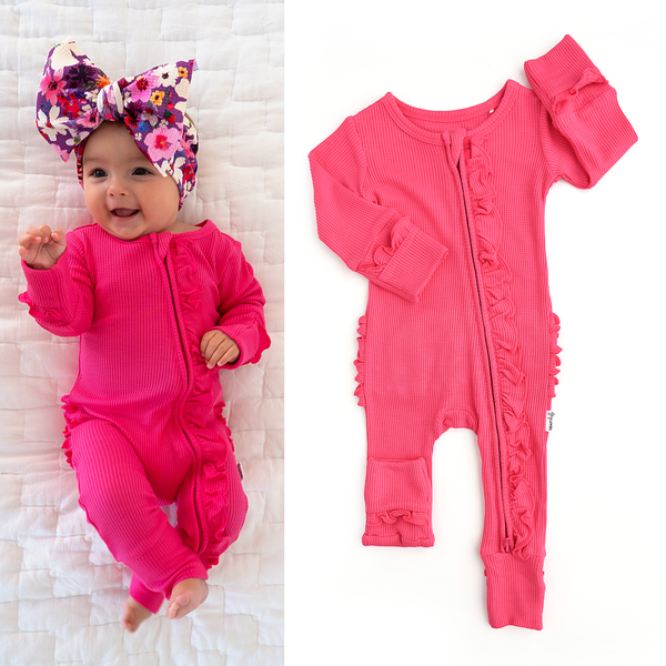 Raspberry Ruffle Zip Bamboo Waffle Baby Clothing : 3-6m