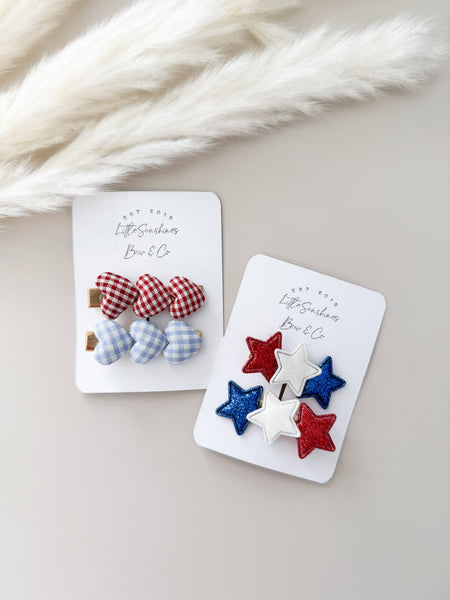 4th of July Plaid Hearts & Glitter Stars Hair Clips : Plaid Hearts Set - Lulu Bella Boutique