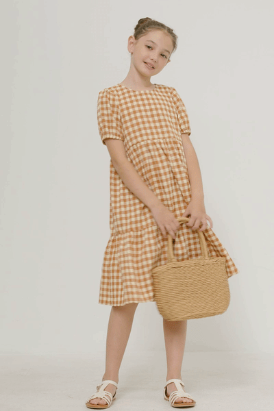 Girls Puff Sleeve Gingham Tiered Dress: Apricot