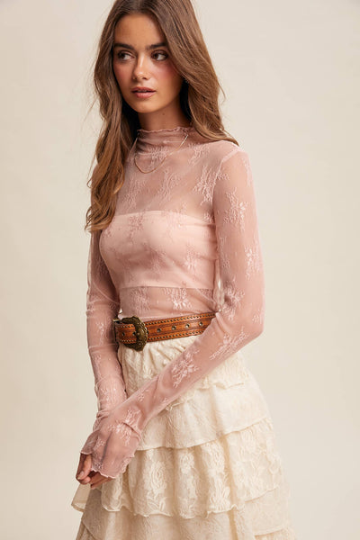 Sheer Lace Long-Sleeve Top LT1354: Blush / XS - Lulu Bella Boutique