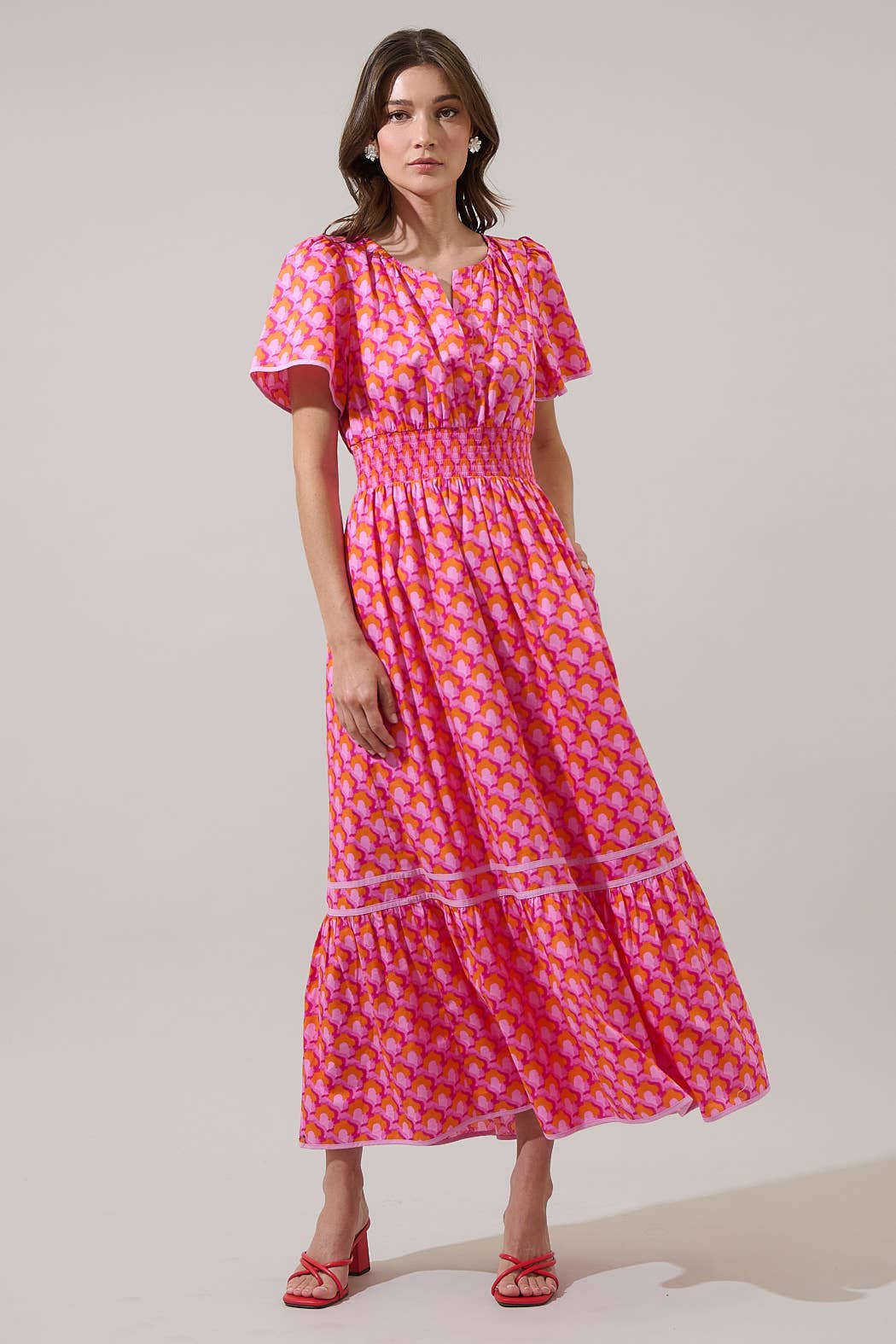 Paden Abstract Ordy Smocked Midi Dress: PINK-ORG-MUL / XL