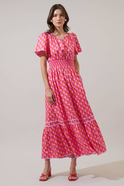 Paden Abstract Ordy Smocked Midi Dress: PINK-ORG-MUL / XL