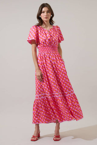 Paden Abstract Ordy Smocked Midi Dress: PINK-ORG-MUL / S