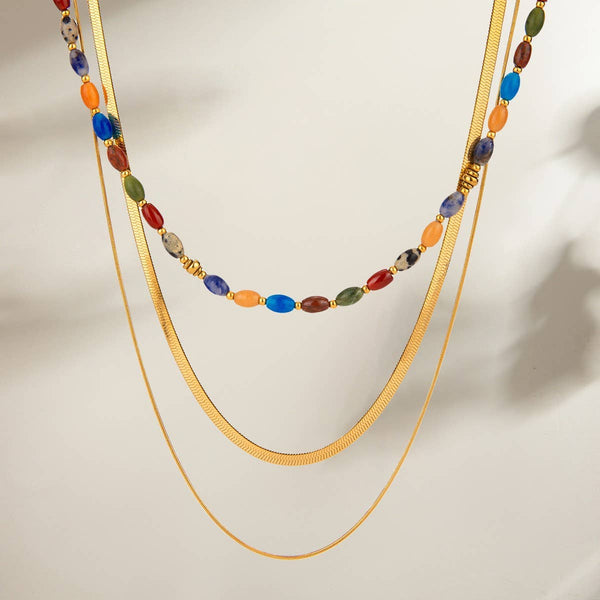 NATURAL STONE  STAINLESS STEEL LAYERED NECKLACE: GOLD
