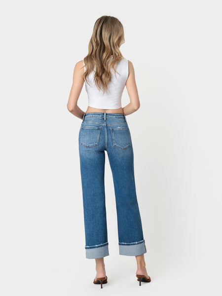 HIGH RISE MEDIUM DARK WASH CUFFED SLIM WIDE JEANS F5992: DARK STONE / 26 - Lulu Bella Boutique