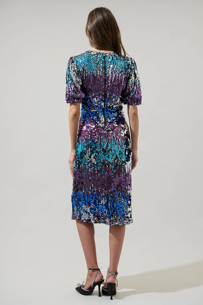 Navette Short Sleeve Sequin Midi Dress: Multi