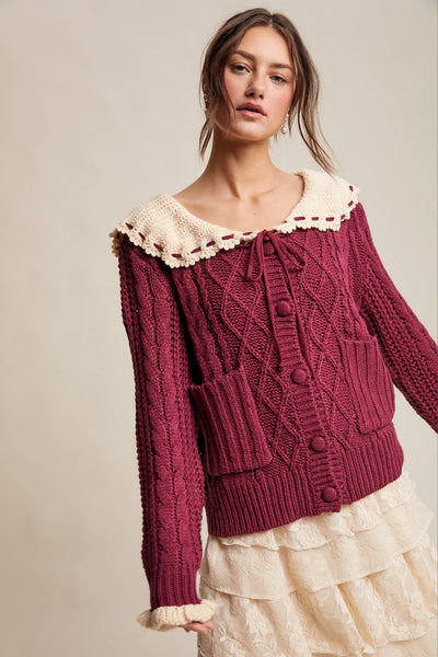 Two-Tone Crochet Collar Cable Knit Cardigan: Cranberry