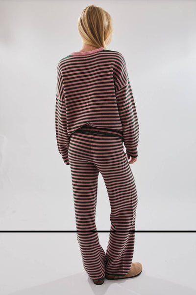 CREW NECK STRIPE SWEATER & WIDE LEG PANTS: GREEN-PINK STRIPE