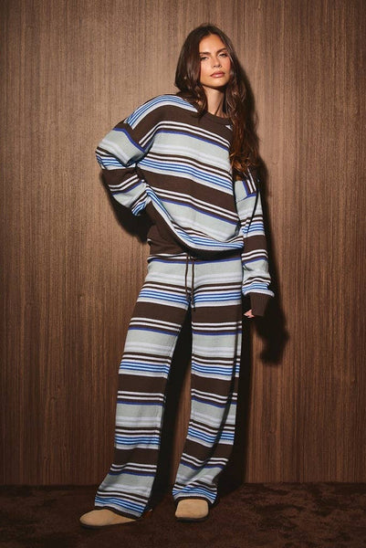 CREW NECK MULTI STRIPE SWEATER WITH WIDE LEG PANTS: BROWN-MULTI STRIPE