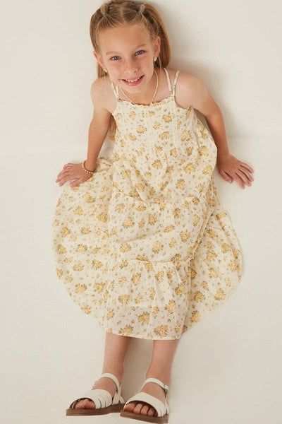 Girls Textured Lace Detail Strappy Back Dress: Yellow / S - Lulu Bella Boutique