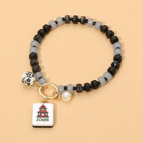Mahjong Tile Charm Pearl Floral Bead Ball Accent Beaded Stretch Bracelet: Gold,Mint - Lulu Bella Boutique