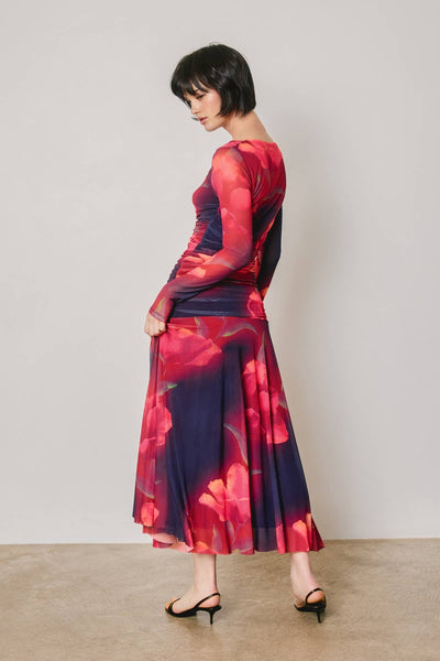Floral Mesh Ruched Maxi Dress: PLUM ROSE