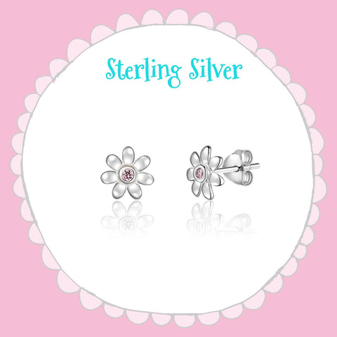 925 Sterling Silver Flower Earrings with Pink Cubic Zirconia