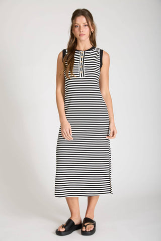STRIPE HENLEY TANK KNIT MIDI DRESS: BLACK