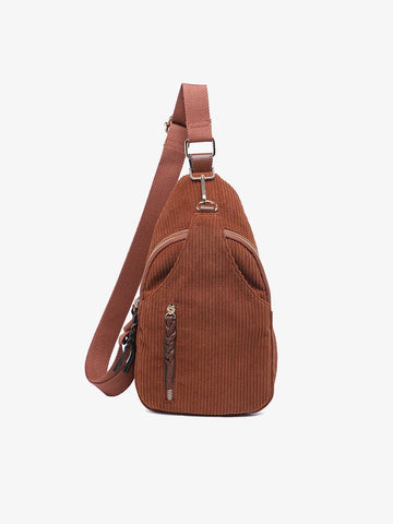 M2342CRDY Nikki Corduroy Dual Compartment Sling Pack Bag: Brown - Lulu Bella Boutique