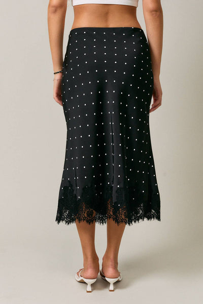 LACE TRIM BIAS CUT POLKA DOT MIDI SKIRT: BLACK-WHITE DOT / XS - Lulu Bella Boutique