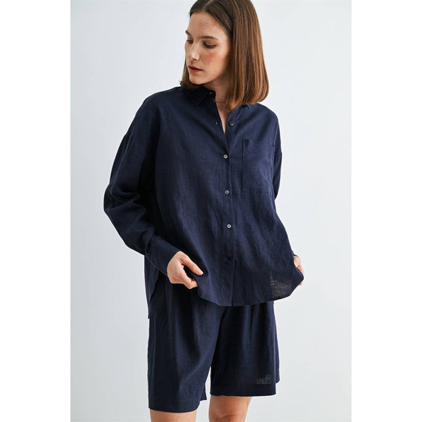LINEN DROP SHOULDER SHIRT: Navy / S-M-L(2-2-2) - Lulu Bella Boutique