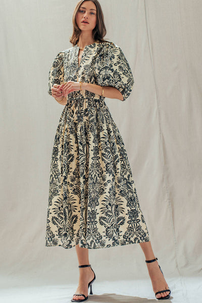 Botanical Puff Sleeve Cotton Midi Dress: IVORY BLACK / S-M-L:2-2-2 - Lulu Bella Boutique