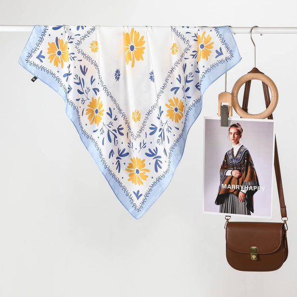Floral Print Silk-Finish Bandana Scarf: Blue