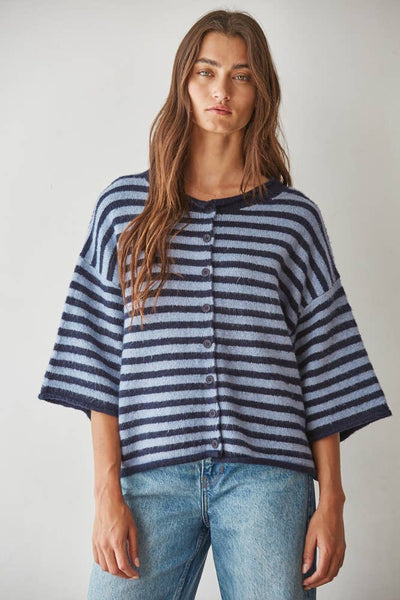 Knit Sweater Striped Quarter Sleeve Cardigan : Navy Blue