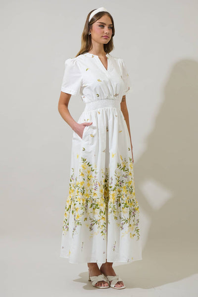 Bliss Field Janey Poplin Maxi Dress: Ivory Multi / XL - Lulu Bella Boutique