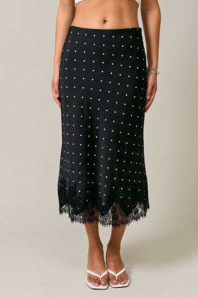 LACE TRIM BIAS CUT POLKA DOT MIDI SKIRT: BLACK-WHITE DOT / XS - Lulu Bella Boutique