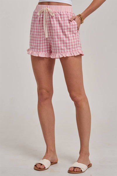GINGHAM CHECK ELASTIC WAIST SHORTS WITH LACE DRASTRING: SWEET PINK / S-M-L(2-2-2) - Lulu Bella Boutique