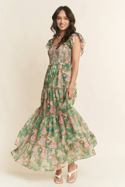 VILLAGE SMOCKING BODICE RUFFLE SLEEVE MAXI DRESS: Pink green / M - Lulu Bella Boutique
