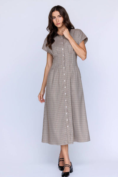 JD9208 - HOUNDSTOOTH COLLARED BUTTON DOWN MIDI DRESS: BROWN/IVORY / S - Lulu Bella Boutique