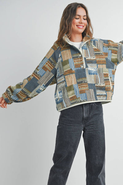 The Moss Patchwork Fleece Half Snap Top: BLUE MULTI