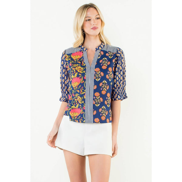 Short Sleeve Floral Detailed Top: BLUE / XS-S-M-L(1-2-2-1) - Lulu Bella Boutique