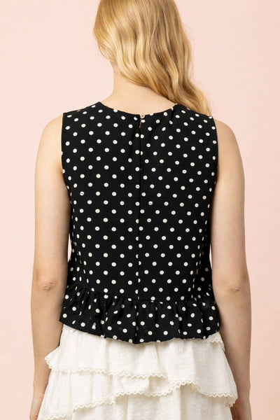NT12128-Side Tie Detail Ruffled Top: BLACK DOT / S-M-L/2-2-2 - Lulu Bella Boutique